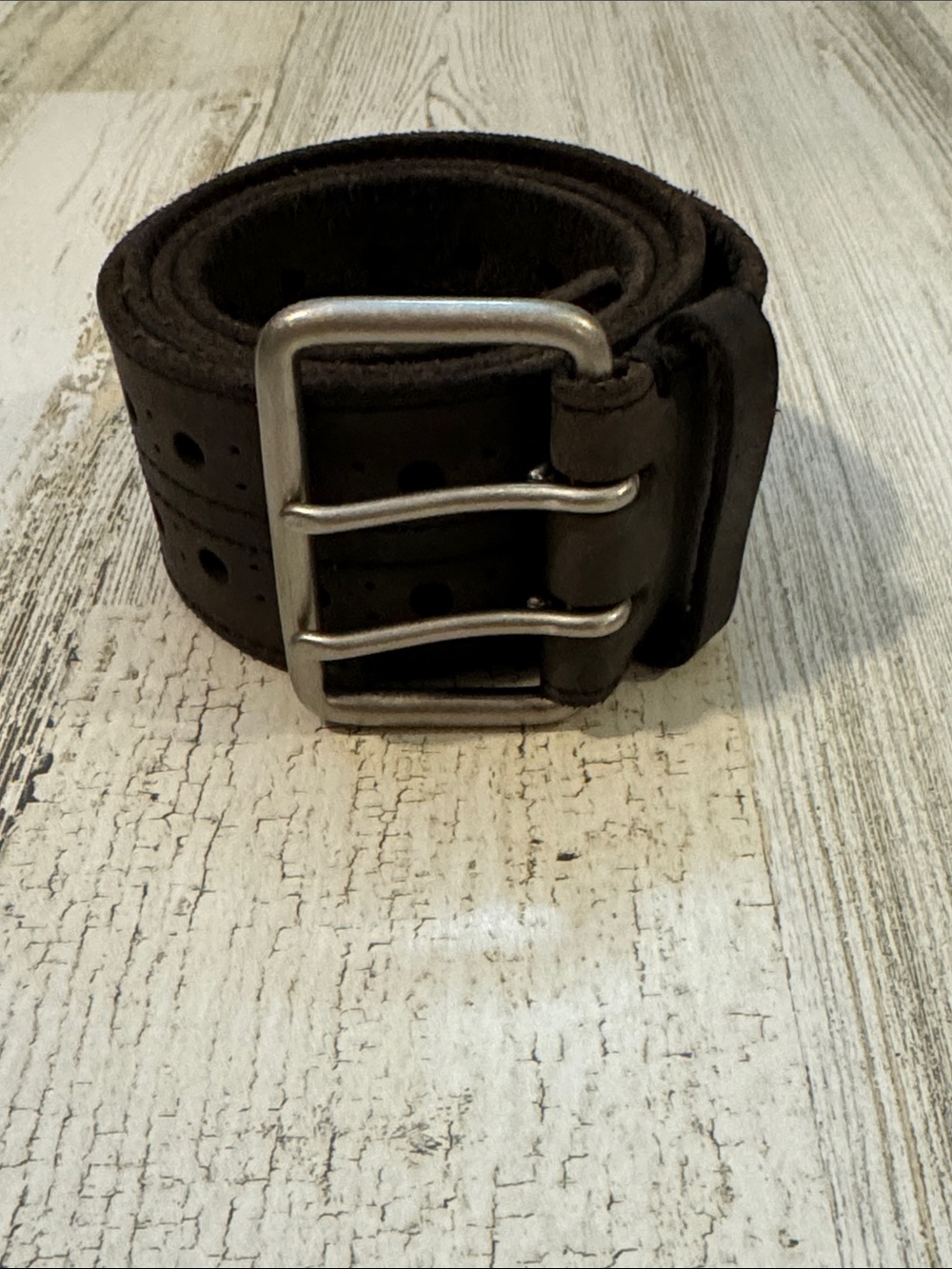 Vintage Leather Gray Two Hole Silvertone Double Prong Buckle Sizable Belt L 41” - Picture 7 of 14